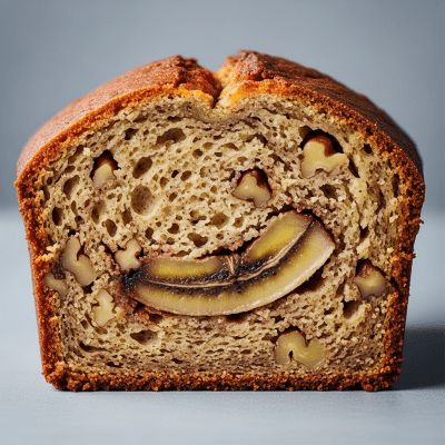 Detailed cross-sectional view of a sliced Banana Bread (cake), showing internal layers, textures, and ingredients