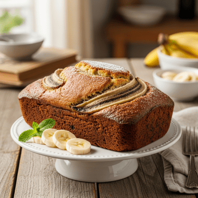 A realistic image of a whole Banana Bread (cake) displayed on a classic dessert table in a home or bakery setting