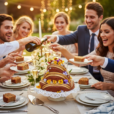 A scene showing the Banana Bread (cake) being served or enjoyed at a festive occasion, such as a birthday party or wedding