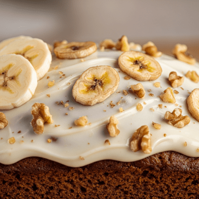 Close-up macro photograph of the surface texture and decoration of a Banana Bread (cake)