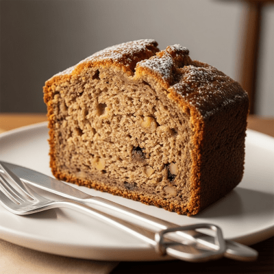 An image of a single slice of Banana Bread, from the cake taxonomy, isolated on a plate with simple cutlery