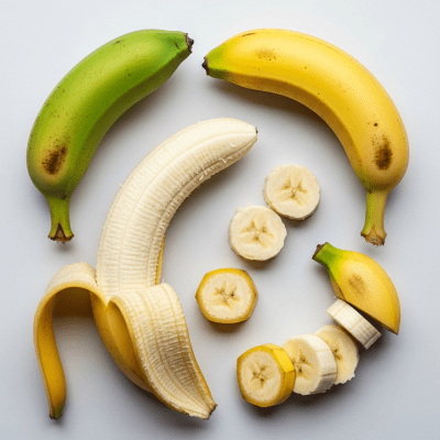 An overhead view photograph of several pieces of the Banana, from the fruits taxonomy, arranged aesthetically on a plain background