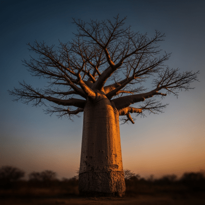Striking editorial image of a single Baobab (trees), photographed from a low angle to emphasize its grandeur.