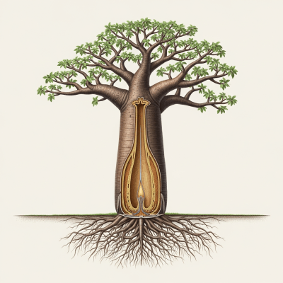 Detailed botanical illustration of the internal structure of a Baobab