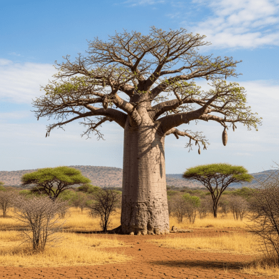 A realistic depiction of a mature Baobab (trees) in its typical natural environment