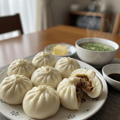 Photograph of Baozi, shown being served or eaten as part of a meal