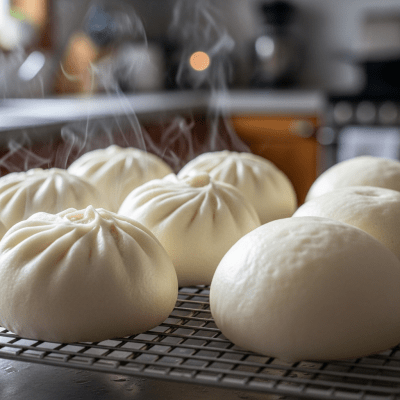 Photograph of freshly baked Baozi, cooling on a wire rack