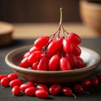 A high resolution image of several fresh Barberrys arranged in a simple bowl, representing their use within the taxonomy berries