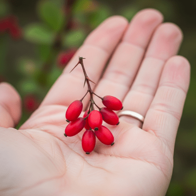 A factual photograph of a hand holding a ripe Barberry, illustrating its size and appearance for the taxonomy berries