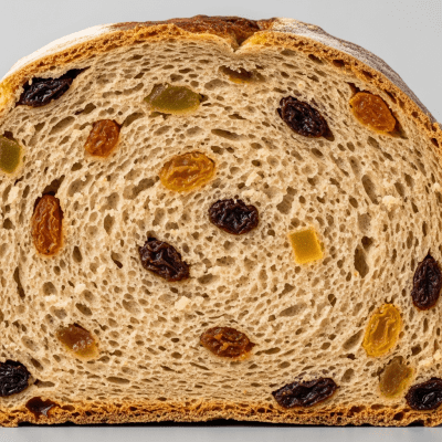 A close-up image of the interior of a sliced Barmbrack