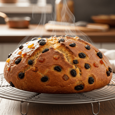 Photograph of freshly baked Barmbrack, cooling on a wire rack