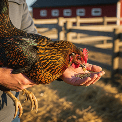 Photograph of a Barnevelder from the chicken taxonomy interacting with humans in a typical farm setting