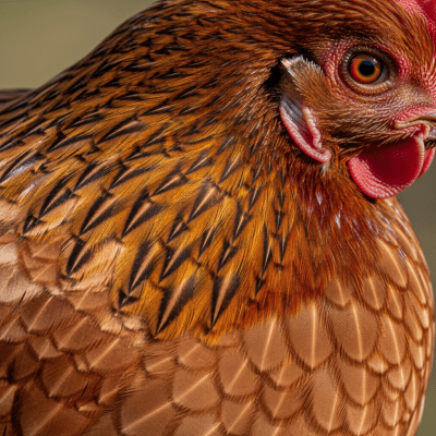 Close-up macro photograph highlighting the feather texture and coloration of a Barnevelder from the chicken taxonomy