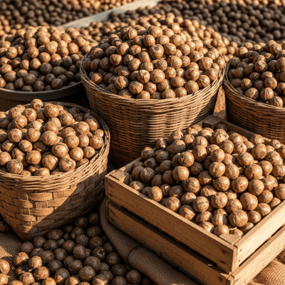 Photo showing harvested Baru nut (nuts) nuts in bulk, such as in baskets or containers
