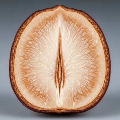 Macro close-up image showing the interior cross-section of a Baru nut (nuts)