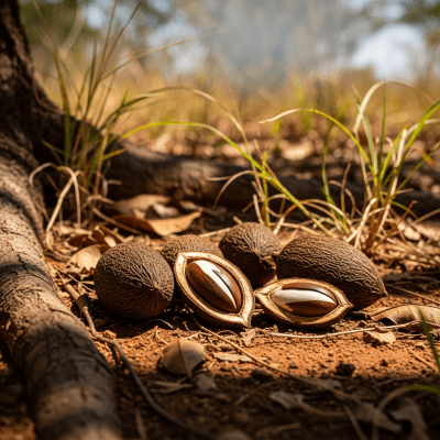 Photograph of a Baru nut (nuts) in its natural environment, such as on the tree, bush, or ground where it grows