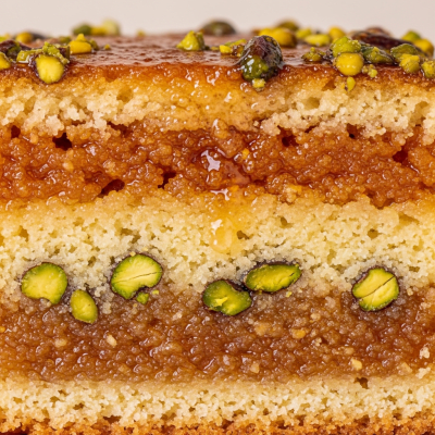Detailed cross-sectional view of a sliced Basbousa (cake), showing internal layers, textures, and ingredients