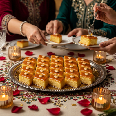 A scene showing the Basbousa (cake) being served or enjoyed at a festive occasion, such as a birthday party or wedding