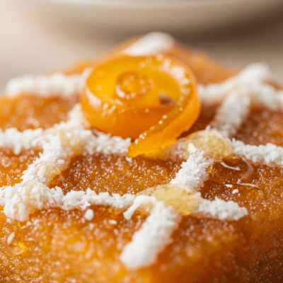 Close-up macro photograph of the surface texture and decoration of a Basbousa (cake)