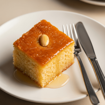 An image of a single slice of Basbousa, from the cake taxonomy, isolated on a plate with simple cutlery