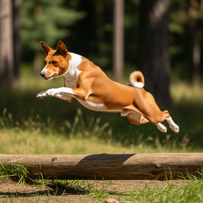 Full body action shot of a Basenji