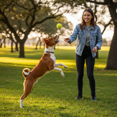 Image of a Basenji interacting with humans in a typical cultural or domestic setting