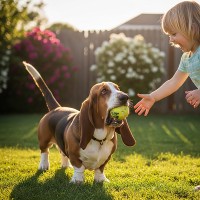 Image of a Basset Hound interacting with humans in a typical cultural or domestic setting
