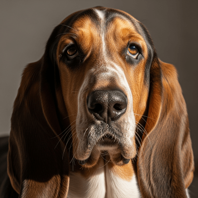 Close-up photograph of the face of a Basset Hound