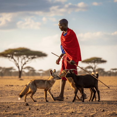 Image of a Bat-eared Fox interacting with humans in a cultural or practical context