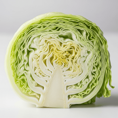 Detailed close-up image of a freshly cut cross-section of Batavia Lettuce, of the taxonomy lettuce