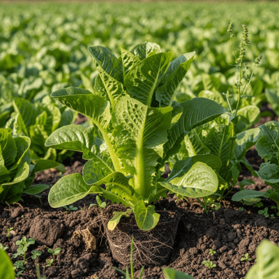Naturalistic photograph of Batavia Lettuce growing in a field or garden, representing its environment as part of the taxonomy lettuce