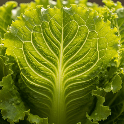 Macro shot capturing the texture and surface details of a leaf from Batavia Lettuce, within taxonomy lettuce