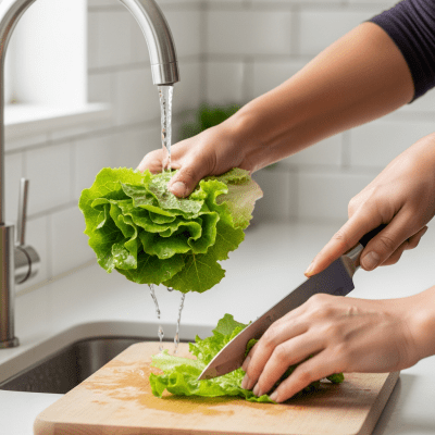 Photograph of a diverse pair of hands preparing or serving Batavia Lettuce in a kitchen setting