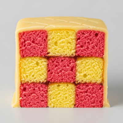 Detailed cross-sectional view of a sliced Battenberg Cake (cake), showing internal layers, textures, and ingredients
