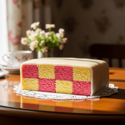 A realistic image of a whole Battenberg Cake (cake) displayed on a classic dessert table in a home or bakery setting