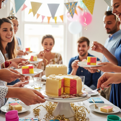 A scene showing the Battenberg Cake (cake) being served or enjoyed at a festive occasion, such as a birthday party or wedding