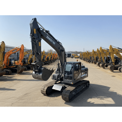 A wide-angle image of a fleet of various excavators, with the specific Battery-electric hydraulic excavator (zero-emission variant) in the foreground for emphasis