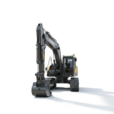 High quality studio photograph of a single Battery-electric hydraulic excavator (zero-emission variant) from the excavators taxonomy