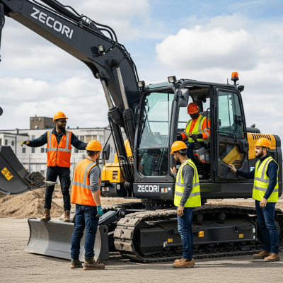 Image of a diverse group of construction workers operating or interacting with a Battery-electric hydraulic excavator (zero-emission variant) from the excavators taxonomy