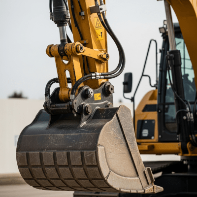 A close-up photograph focusing on the bucket and arm of a Battery-electric hydraulic excavator (zero-emission variant) (excavators), showing details such as hydraulic lines, metal textures, and wear marks
