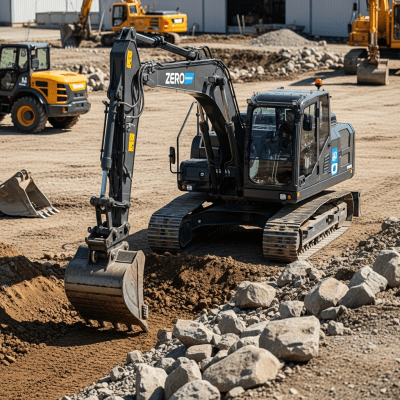 A realistic image of a Battery-electric hydraulic excavator (zero-emission variant) (excavators) at work on a construction site, surrounded by soil, rocks, and machinery