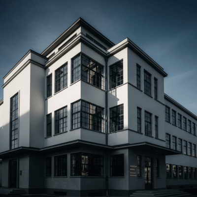 Dramatic, editorial-style image of Bauhaus from the architecture taxonomy, captured from a low angle to emphasize grandeur and form.