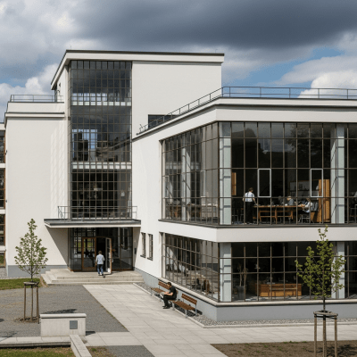 Photograph depicting Bauhaus, an example of architecture, in active use or cultural context—such as being inhabited, visited, or used for its intended purpose—while keeping focus on the structure itself