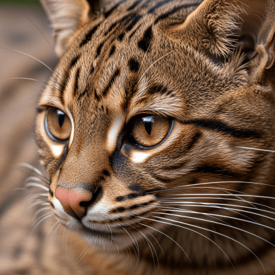 Close-up macro photograph focusing on the facial features and fur texture of a Bay Cat