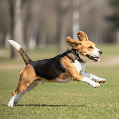 Full body action shot of a Beagle