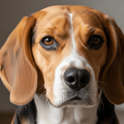 Close-up photograph of the face of a Beagle