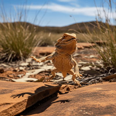 A dynamic action scene featuring a single Bearded Dragon (lizards) running, climbing, or catching prey in its typical environment