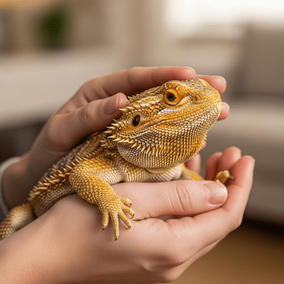 Image of a Bearded Dragon interacting with humans in a responsible pet-keeping context