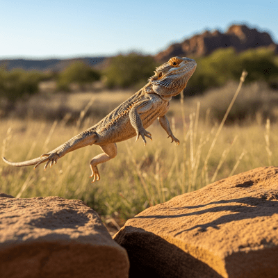 A dynamic action shot of a Bearded Dragon, part of the taxonomy reptiles, in motion such as climbing, swimming, basking, or hunting in its environment