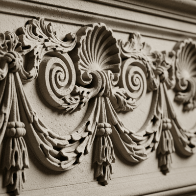 Close-up detail shot of a distinctive feature or ornamentation from the Beaux-Arts (architecture), showing material texture, craftsmanship, or unique design elements